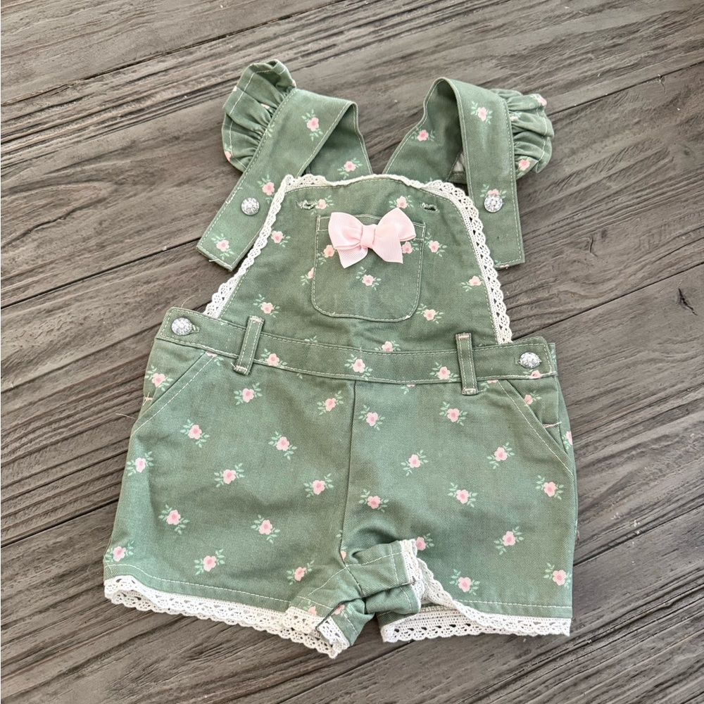 Green Floral Girl Overalls with Pink Accents 6-9M